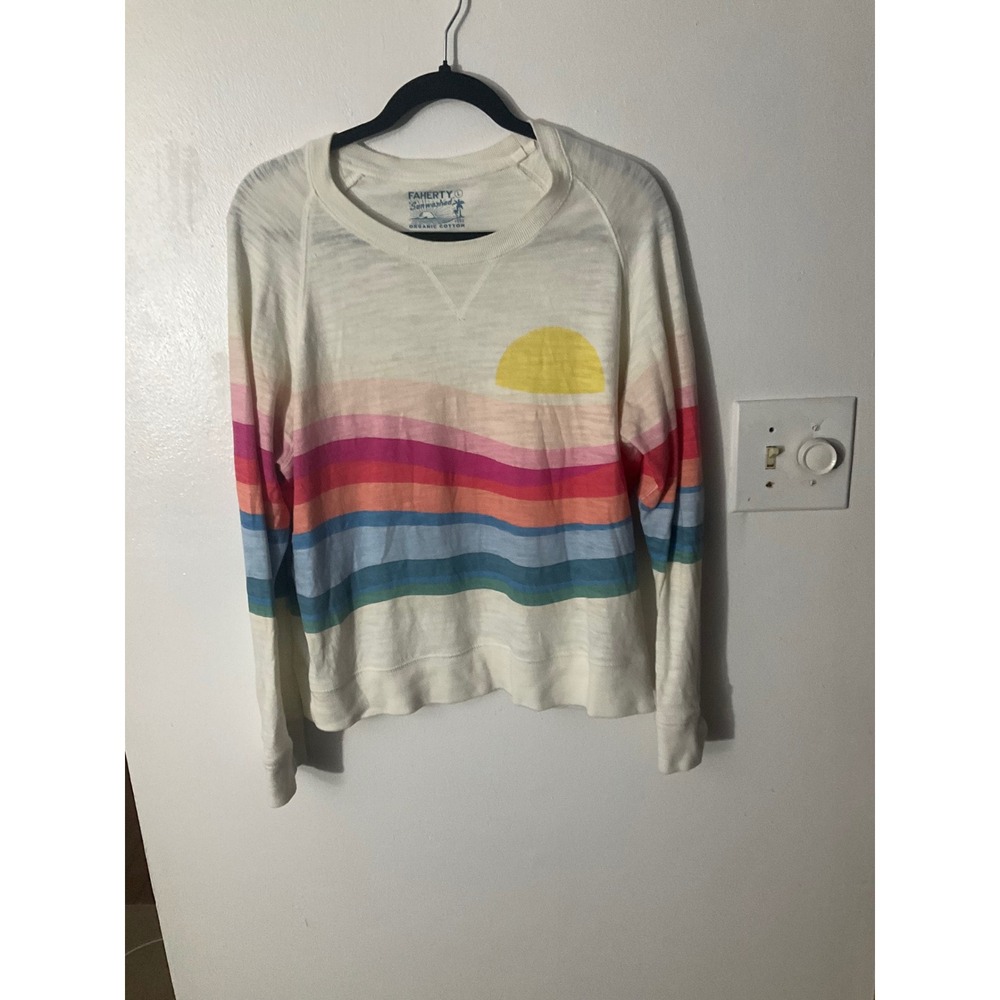 Faherty Sunwashed Slub Organic Cotton Rainbow Wave Sun Graphic Sweatshirt Large